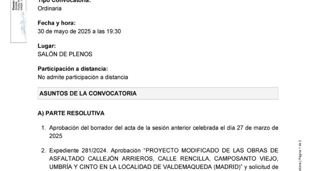 Convocatoria a Pleno sesión ordinaria, viernes 30 de mayo a las 19:30h